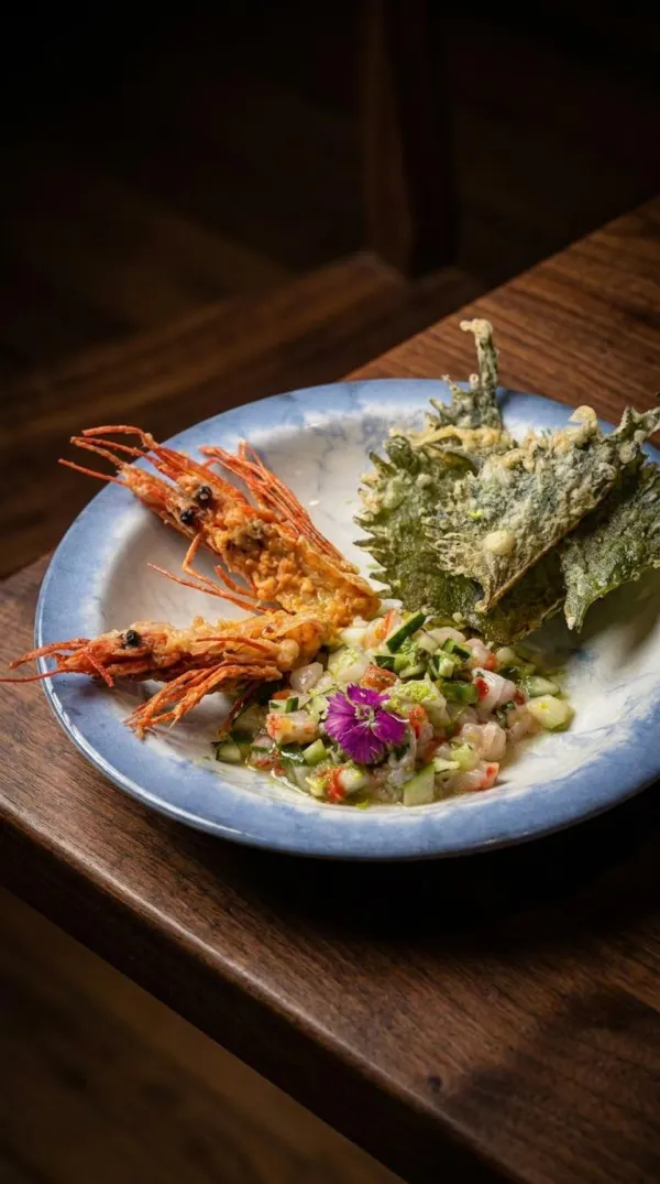 Tartare de camarão carabineiro com tempura de folhas de shissô e flor comestível, em prato de cerâmica azul